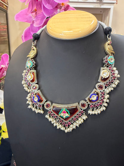 Handmade Brass Necklace with Silver polish Indian Tribal Maroon Jewellery N95
