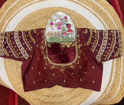40” Aari hand Worked Sari Blouse Indian Top Choli Silk Maroon B30