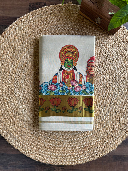 Kerala Vishu Sari Indian Cream Tissue hand Printed Onam Saree C7 - Col 6