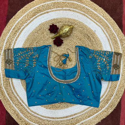 44” Size 14 Aari Worked Sari Blouse Indian Saree Top Blue B266