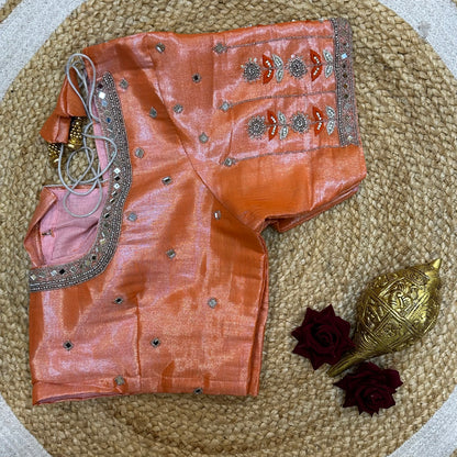 44” Size 14 Aari Worked Sari Blouse Indian Saree Top Metallic Orange B264