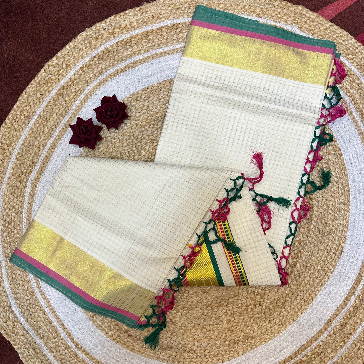 Kerala Vishu Sari Indian hand Printed Kasavu Onam Saree C36 Col 6