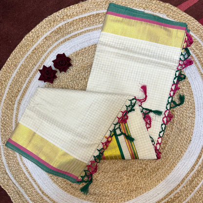 Kerala Vishu Sari Indian hand Printed Kasavu Onam Saree C36 Col 6