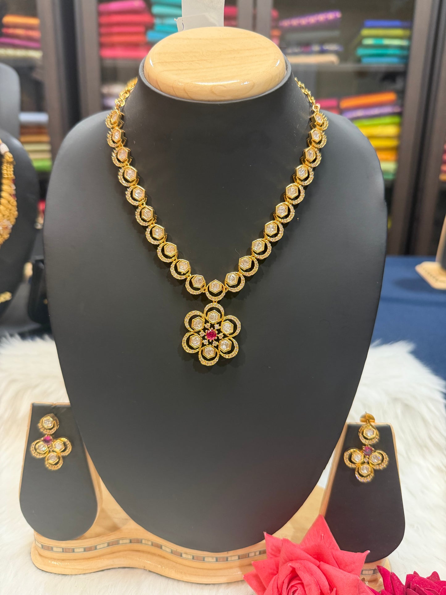 1 gram Gold Indian Necklace and Earrings set Ruby & White stones N6