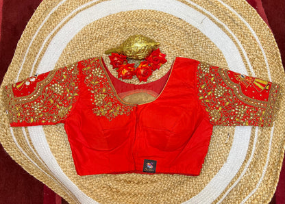 40” Bridal Aari hand Worked Sari Blouse Indian Top Choli Silk Red B35
