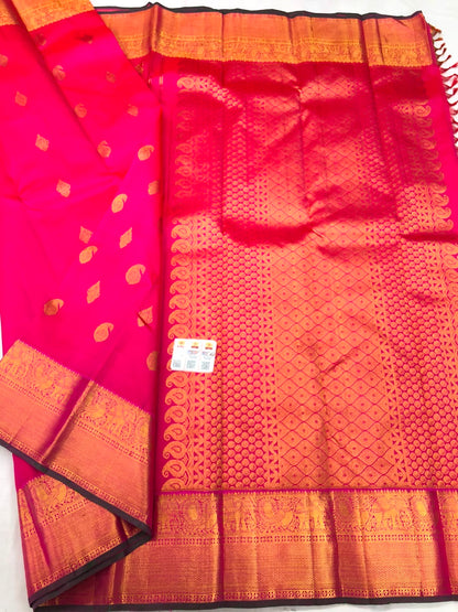 2g Gold Kanchipuram Pure Silk Saree Bridal Handloom Indian Kanjivaram Sari Pink SPK350