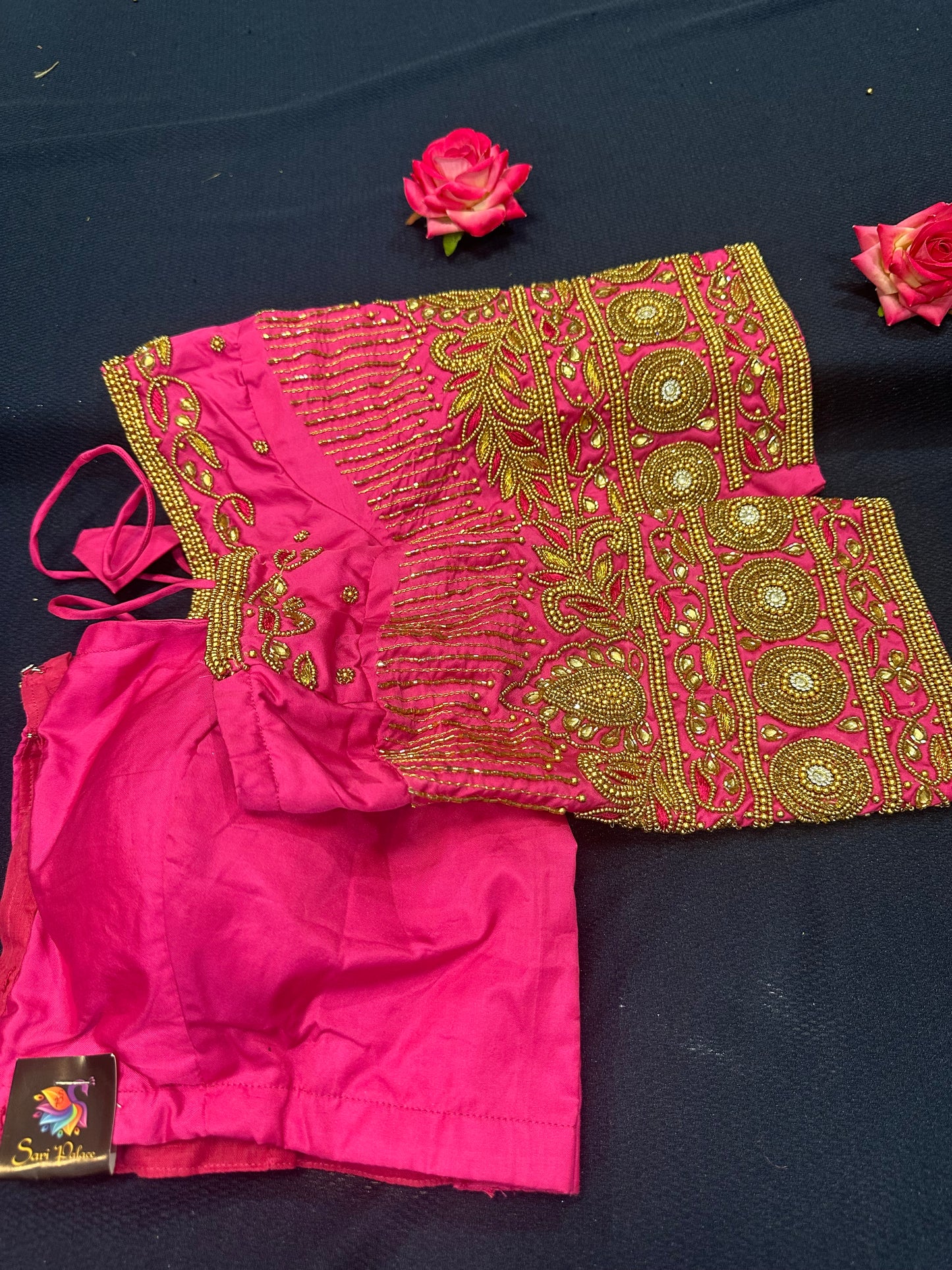 40” Aari hand Worked Sari Blouse Indian Top Choli Silk Pink Gold B11