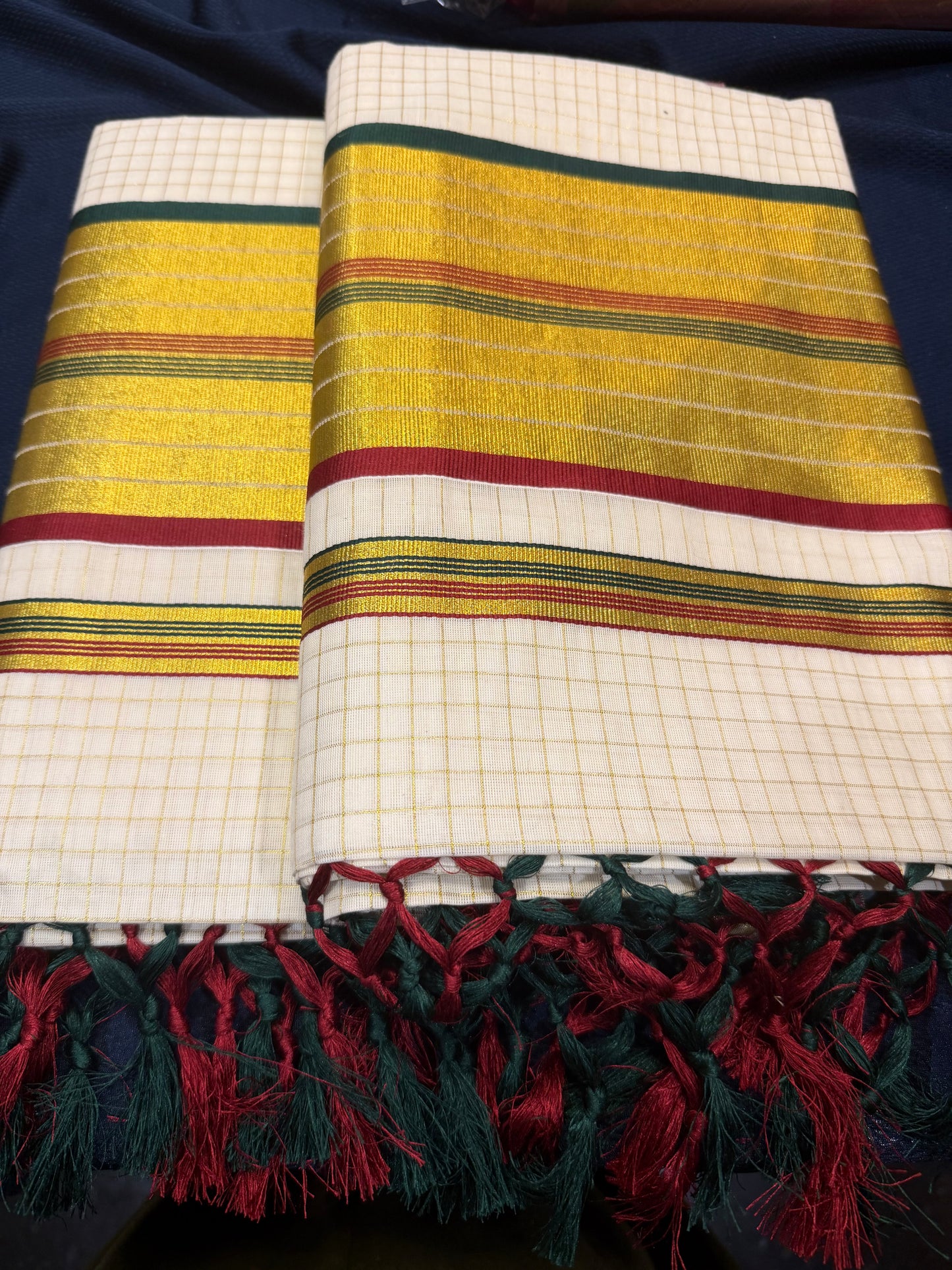 Kerala Vishu Sari Indian hand Printed Kasavu Onam Saree C36 Col 6