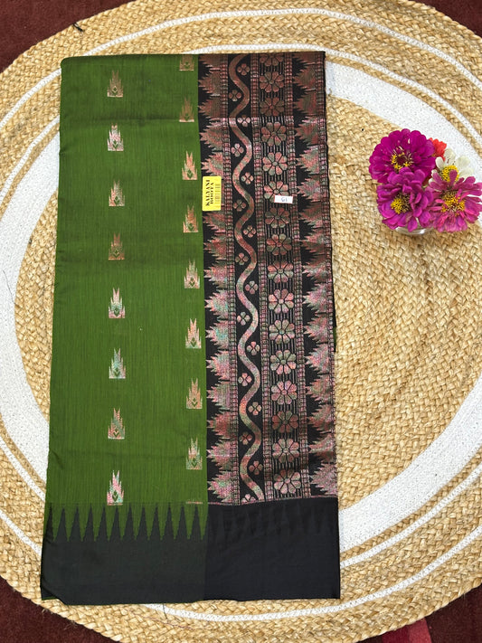 Kalyani checkered Silk Cotton Sari Indian Saree Green & Black S7
