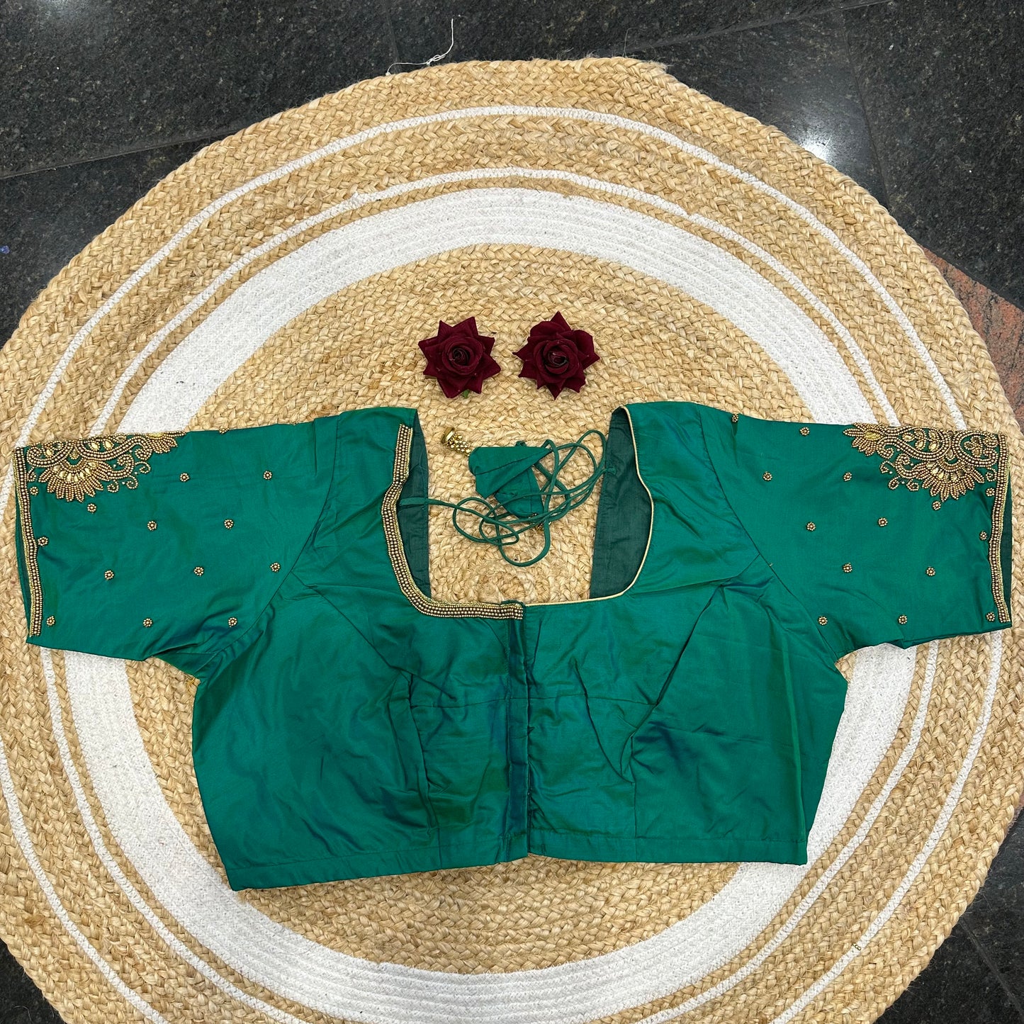 46” Size 16 Aari Worked Sari Blouse Indian Saree Top Silk Turquoise B418