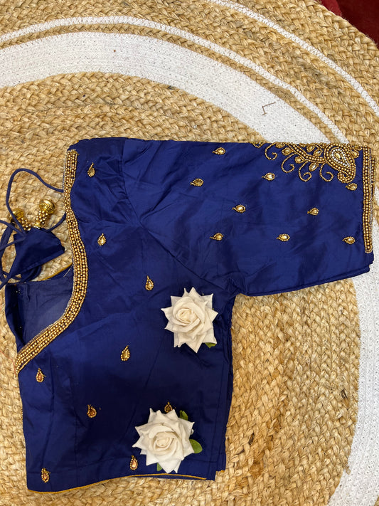 40” Aari hand Worked Sari Blouse Indian Top Choli Silk Blue B29