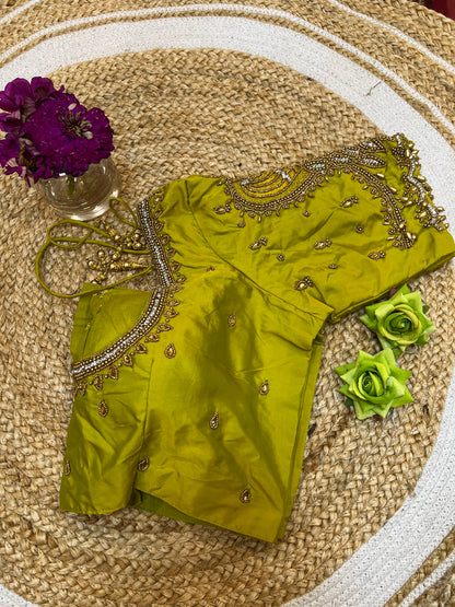 40” Aari hand Worked Sari Blouse Indian Top Choli Silk Lime Green B13