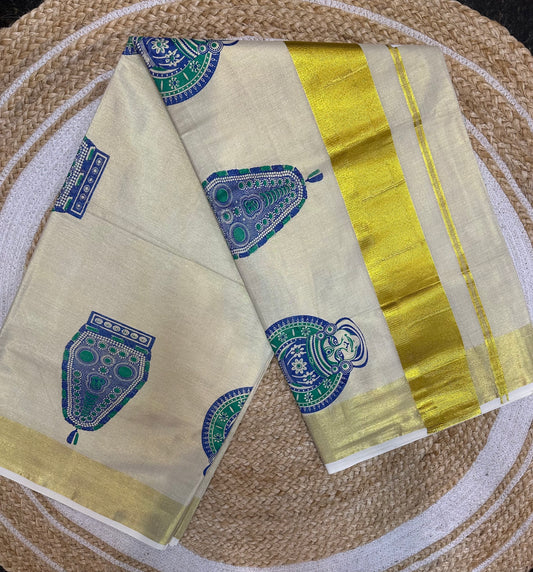 Blue Kerala Vishu Sari Indian Cream Tissue hand Printed Onam Saree C17 Col 4