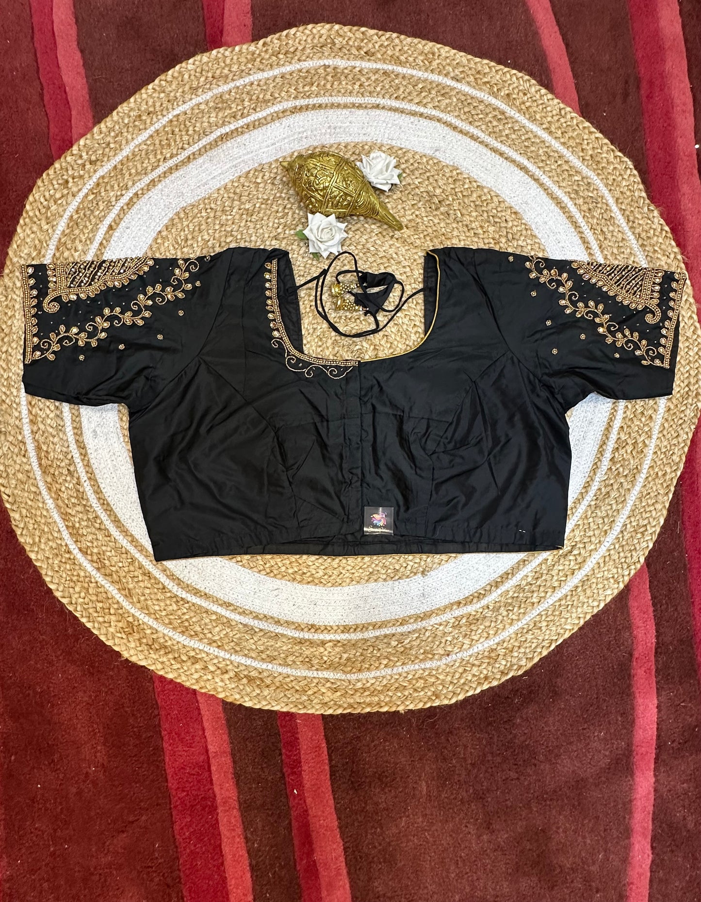 50” Size 20 Aari Worked Sari Blouse Indian Saree Top Silk Black B60