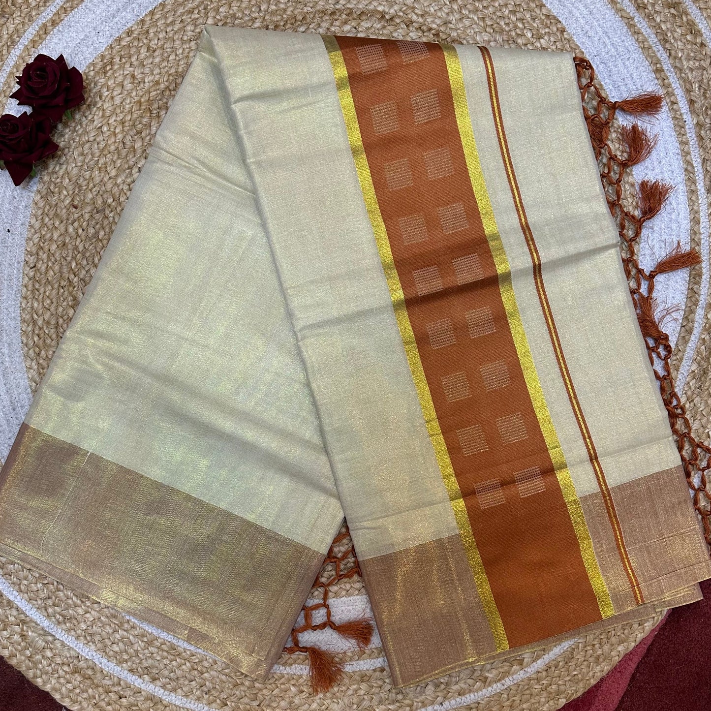 Brown Kerala Vishu Sari Indian Cream Tissue Saree C34
