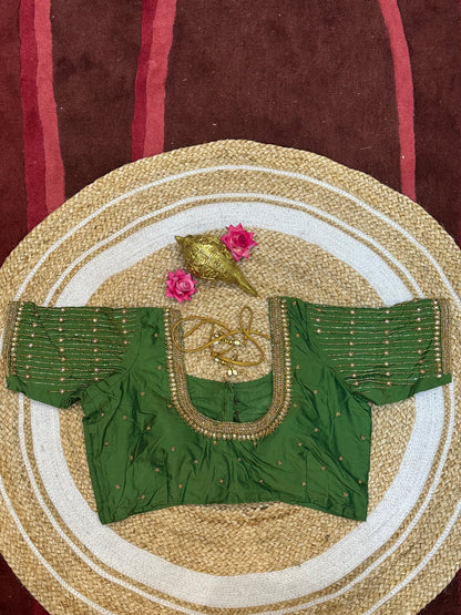 40” Size 10 Aari Worked Sari Blouse Indian Saree Top Silk Green B97