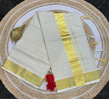 Kerala small checkered Vishu Sari Indian Onam Gold Saree C15