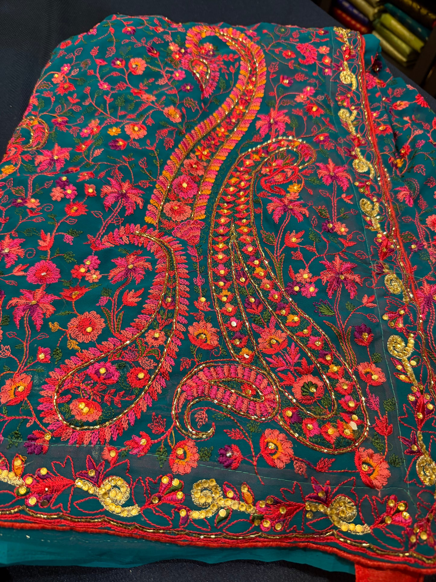 Sari Indian Fancy Party wear Kashmiri Georgette Teal Blue Saree SAR10