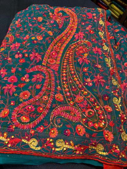 Sari Indian Fancy Party wear Kashmiri Georgette Teal Blue Saree SAR10