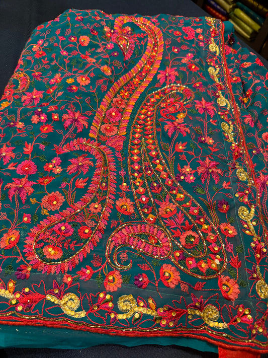 Sari Indian Fancy Party wear Kashmiri Georgette Teal Blue Saree SAR10