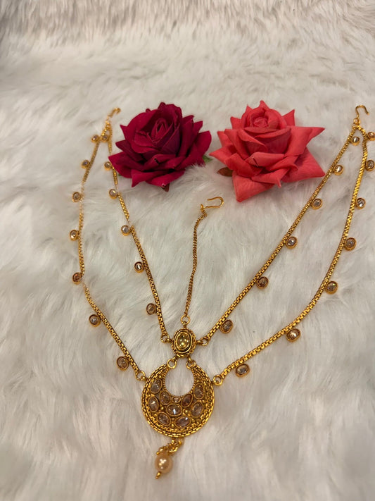 Maang tikka Damini Indian Jewellery T004 Hair Accessories Gold CLR  Polki Stones