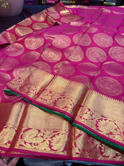 Bridal Kanchipuram Pure Silk Saree Kanjivaram handloom Pink Sari SPK466
