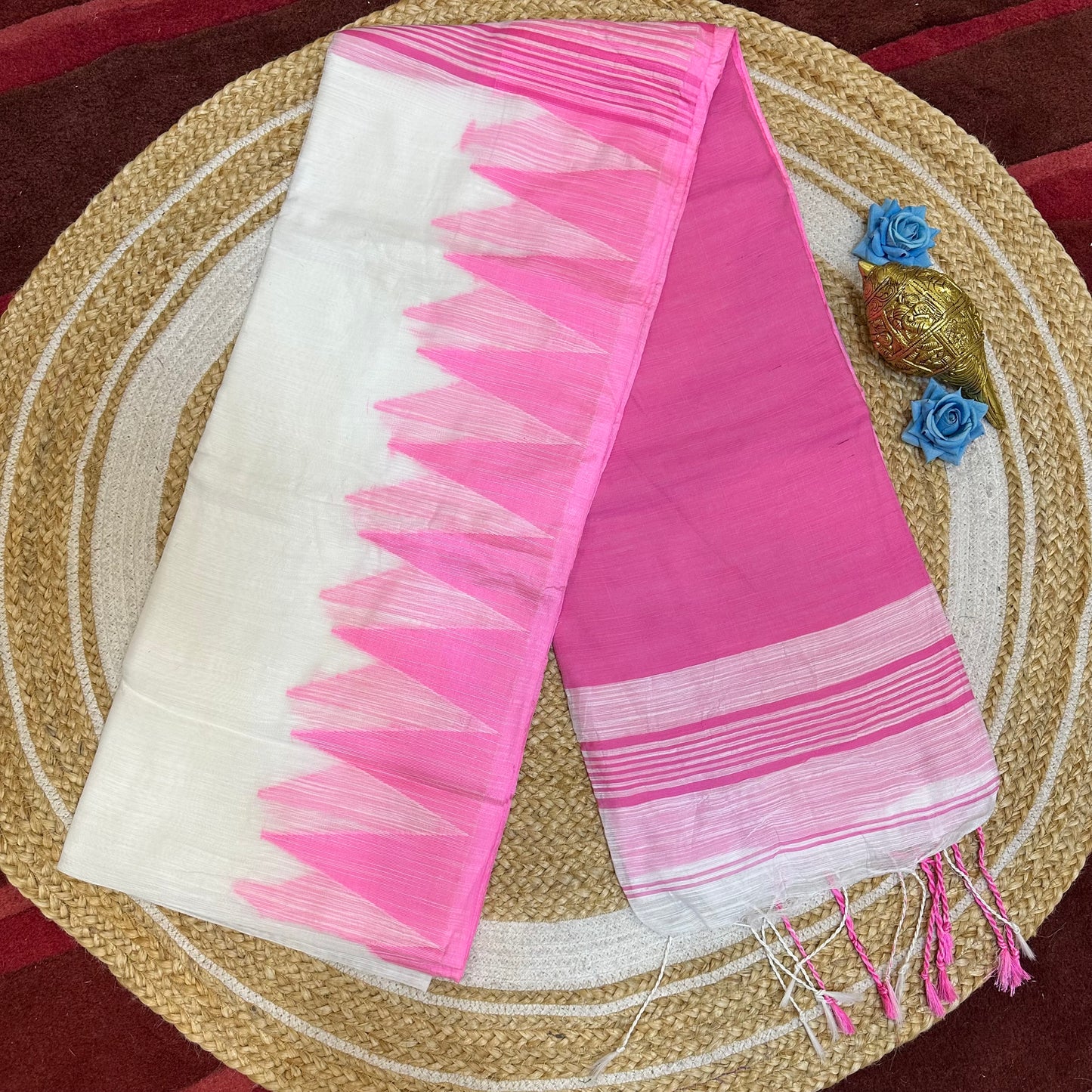 Red & Green Soft Cotton Linen Sari Indian Saree with temple border C1