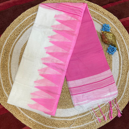 Red & Green Soft Cotton Linen Sari Indian Saree with temple border C1