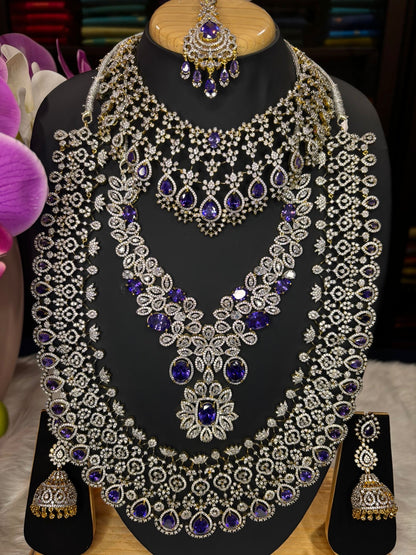 AD Bluish Purple and Silver Indian Bridal Necklace Haram set N37