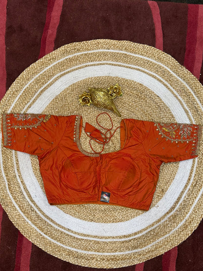 40” Size 10 Aari Worked Sari Blouse Indian Saree Top Silk Orange B74