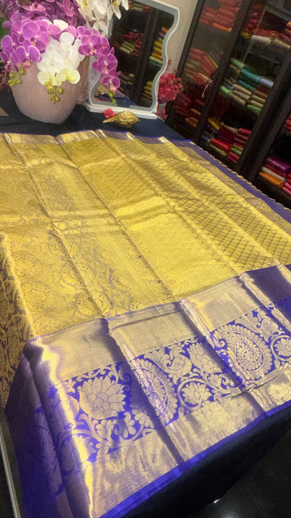 Kanchipuram Tissue Bridal Pure Silk Saree with Gold Zari Blue & Gold Sari| SPK097