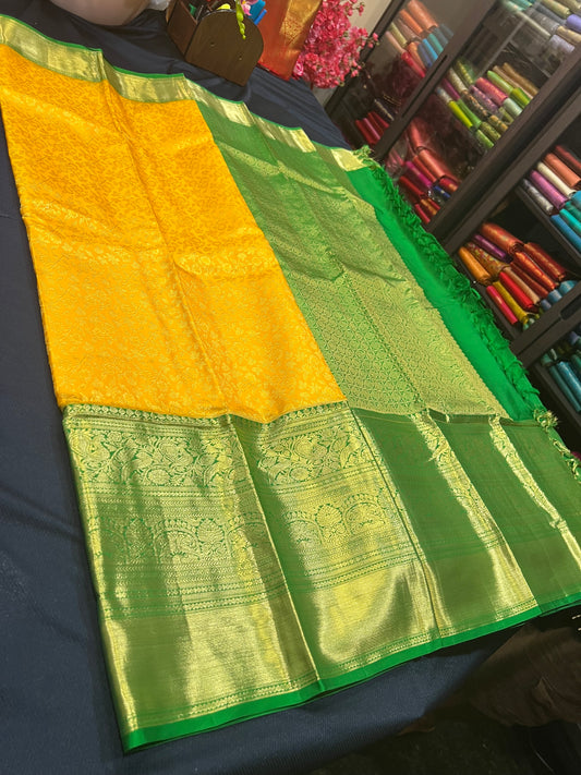 Kanchipuram Pure Silk Saree Yellow & Green Kanjivaram Sari| SPK087