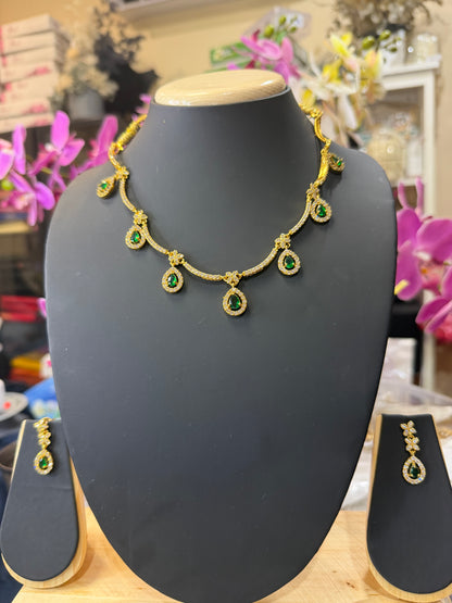 Indian Brass Necklace & Earrings Jewellery Set Green N70