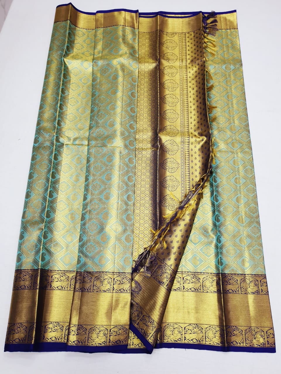 Bridal Tissue Kanchipuram Pure Silk Saree Blue Kanjivaram Sari| SPK172