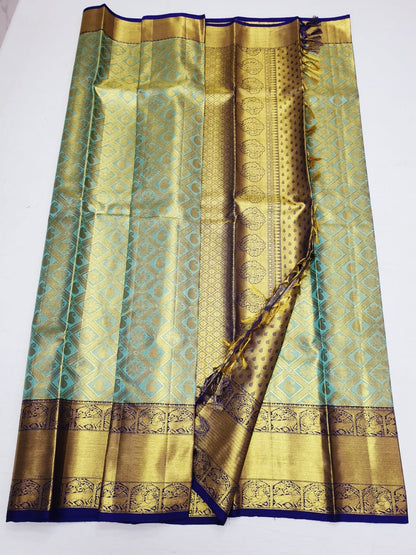 Bridal Tissue Kanchipuram Pure Silk Saree Blue Kanjivaram Sari| SPK172