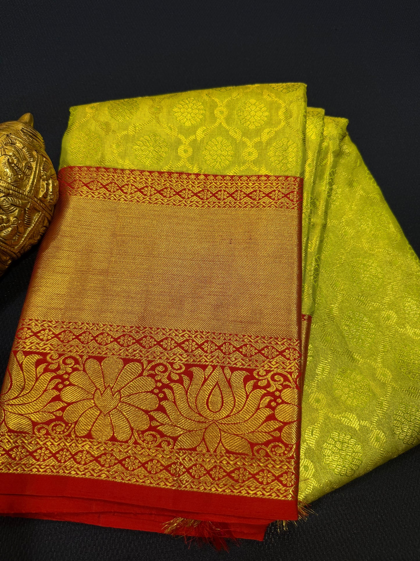 Tissue Bridal Kanchipuram Pure Silk Saree Greenish Yellow & Red Kanjivaram Sari| SPK090