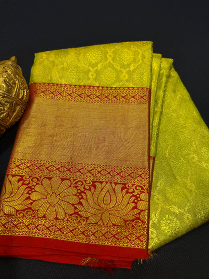 Tissue Bridal Kanchipuram Pure Silk Saree Greenish Yellow & Red Kanjivaram Sari| SPK090