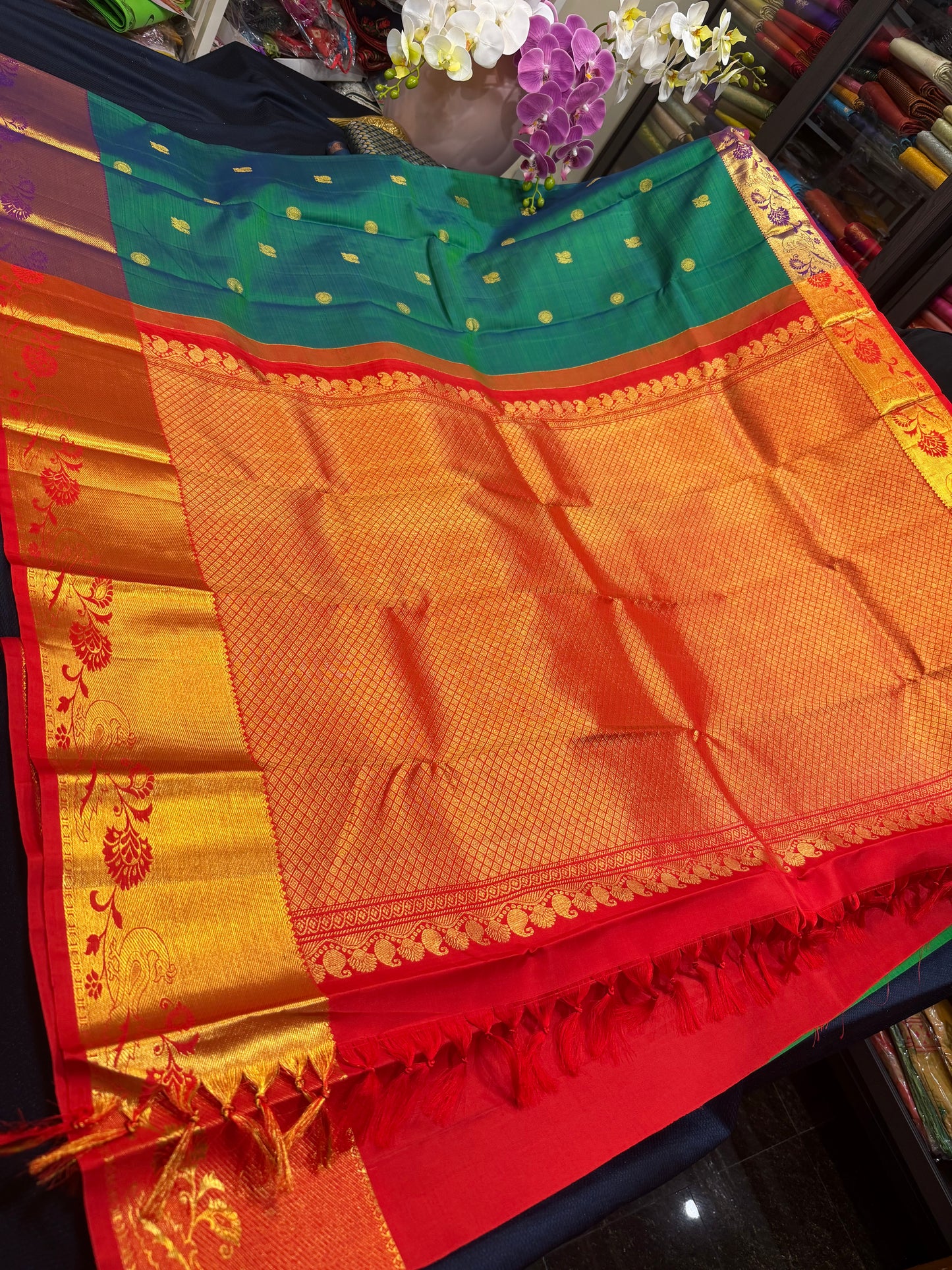 Kanchipuram Pure Silk handloom Saree Indian Kanjivaram Green Red Sari SPK429