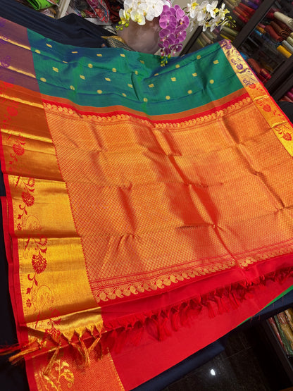 Kanchipuram Pure Silk handloom Saree Indian Kanjivaram Green Red Sari SPK429