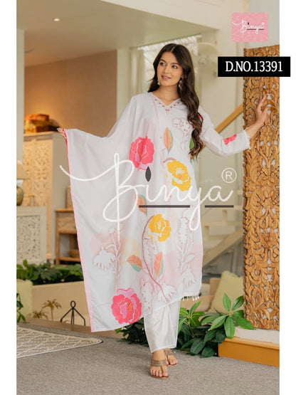 White Indian 3 piece Outfit hand worked Salwar Kameez Kurti Set Suit Z10