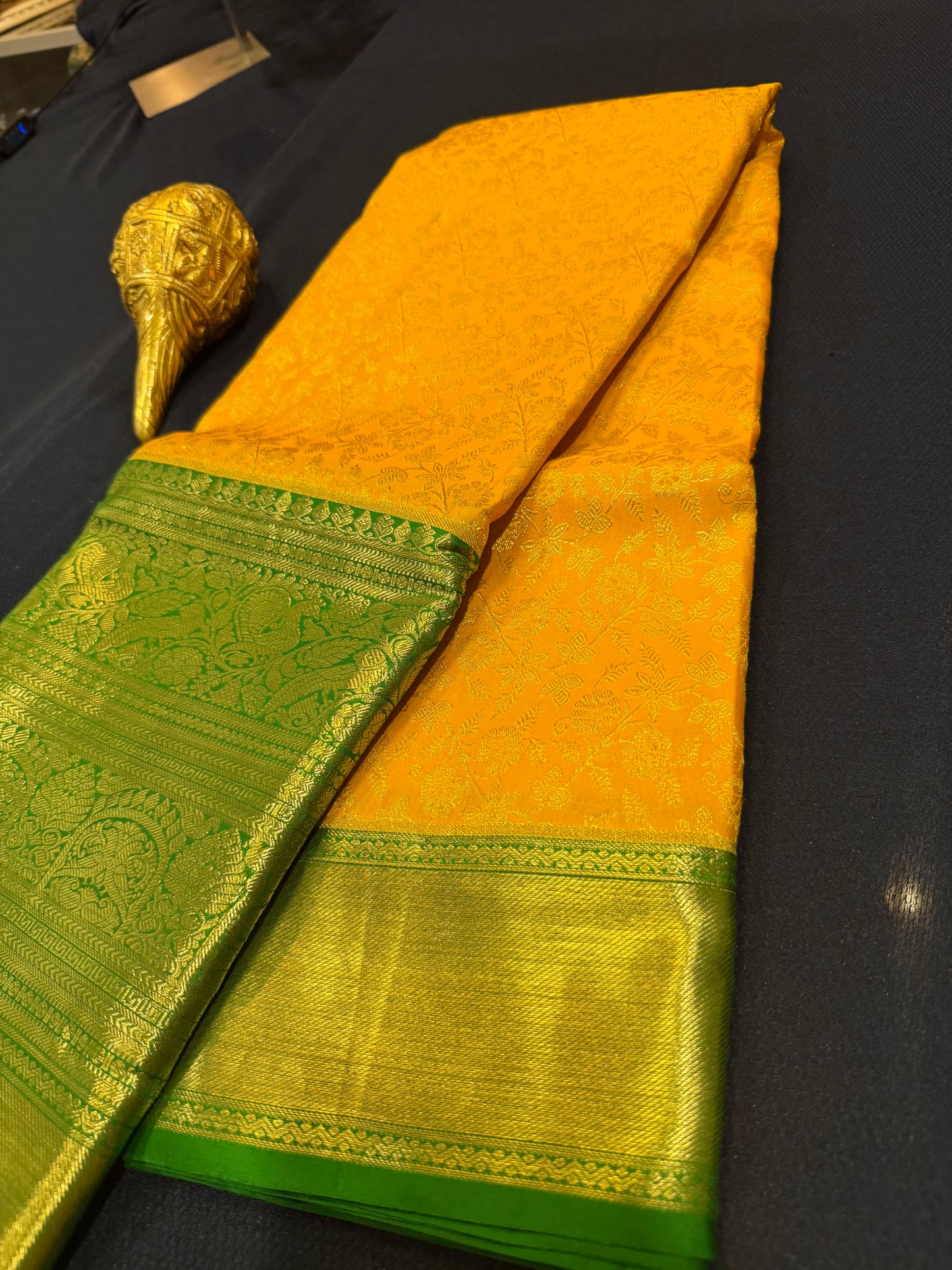 Kanchipuram Pure Silk Saree Yellow & Green Kanjivaram Sari| SPK087