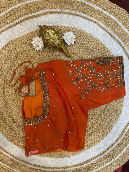 50” Size 20 Aari Worked Sari Blouse Indian Saree Top Silk Orange B110
