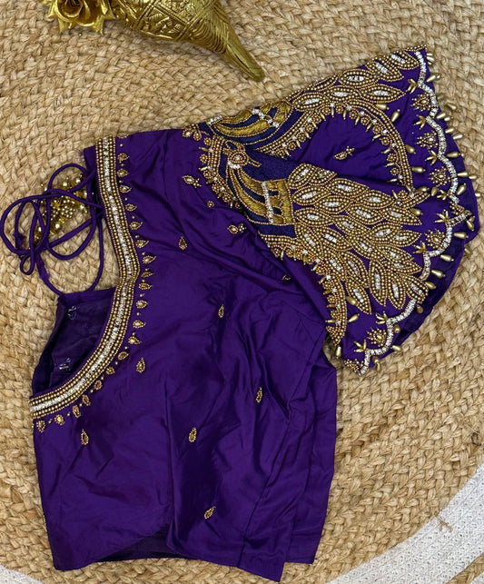 40” Size 10 Aari Worked Sari Blouse Indian Saree Top Silk Purple B76