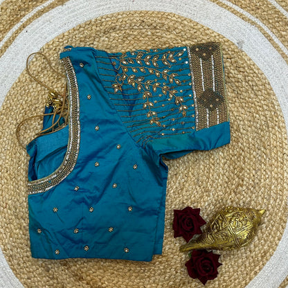 44” Size 14 Aari Worked Sari Blouse Indian Saree Top Blue B266
