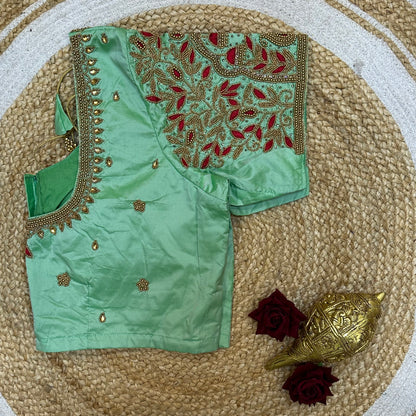 44” Size 14 Aari Worked Sari Blouse Indian Saree Top Silk Teal B249