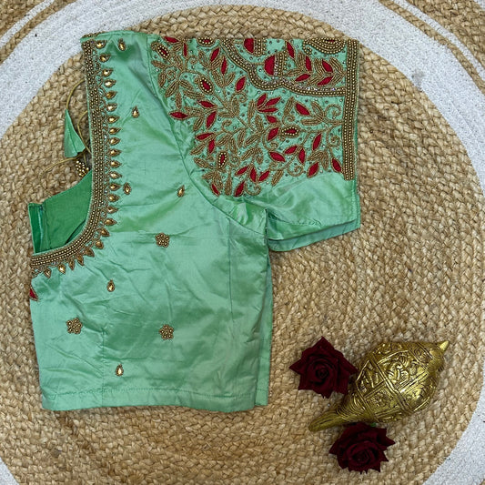 44” Size 14 Aari Worked Sari Blouse Indian Saree Top Silk Teal B249