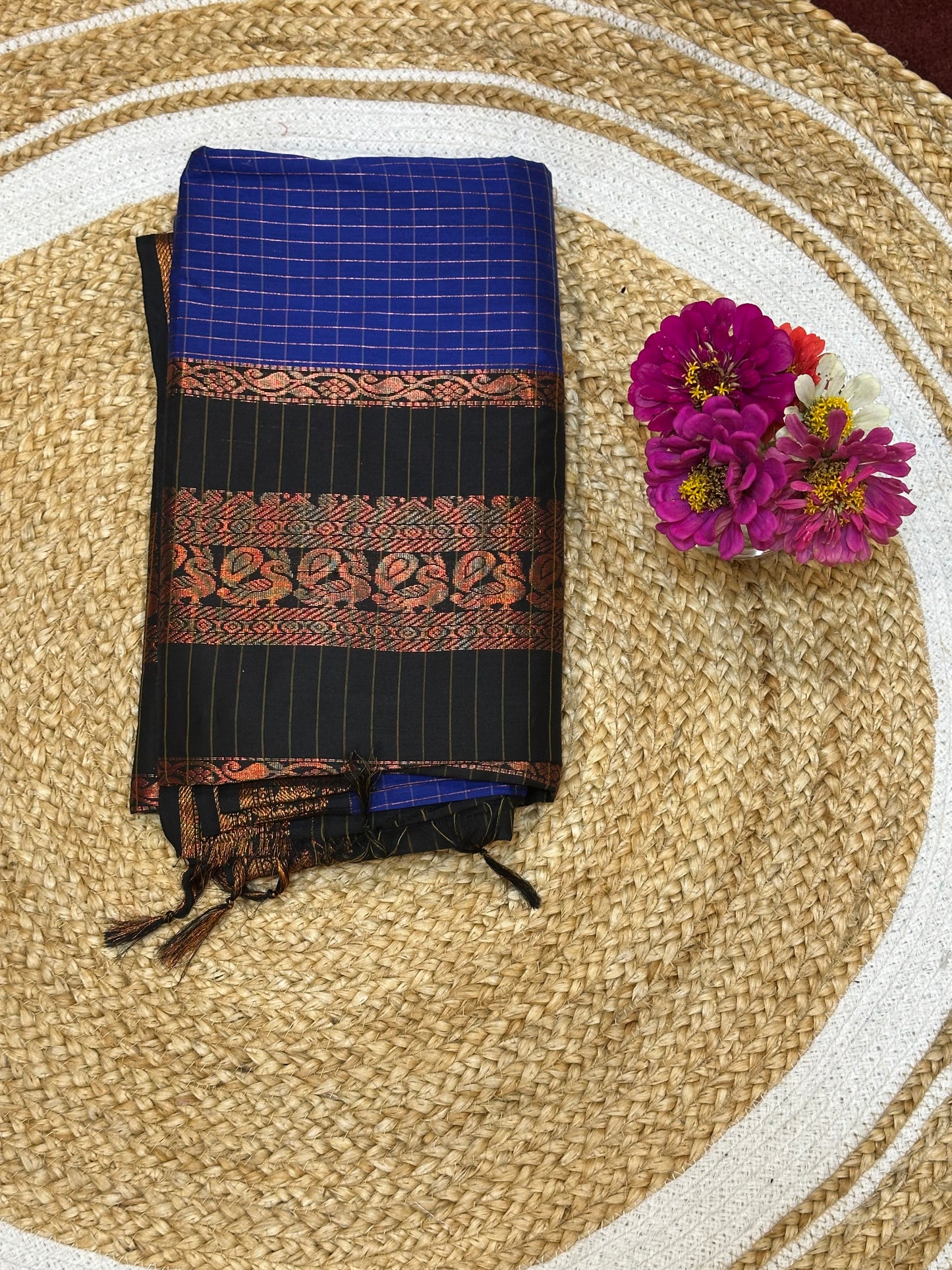 Kalyani checkered Silk Cotton Sari Indian Saree Blue & Black S6