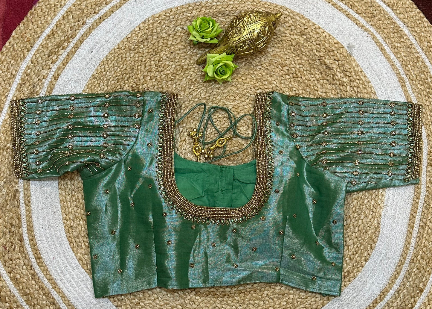 38” M Size 8 Aari Worked Sari Blouse Indian Saree Top Metallic Green B288