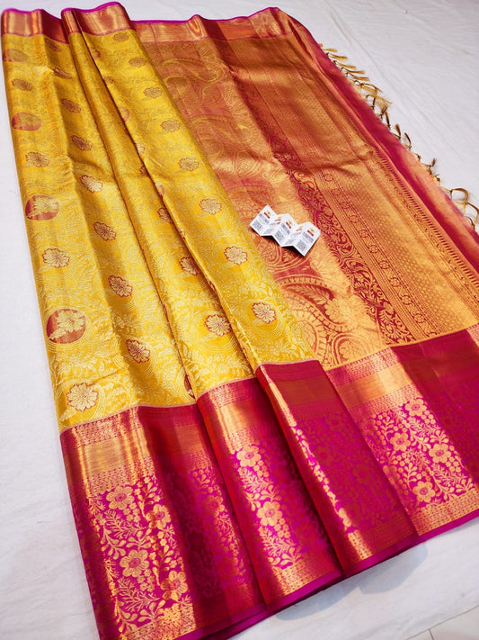 Kanchipuram Pure Silk Saree Bridal Yellow Kanjivaram Sari SPK243
