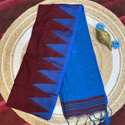 Maroon & Blue Soft Slab Cotton Linen Sari Indian Saree with temple border C1